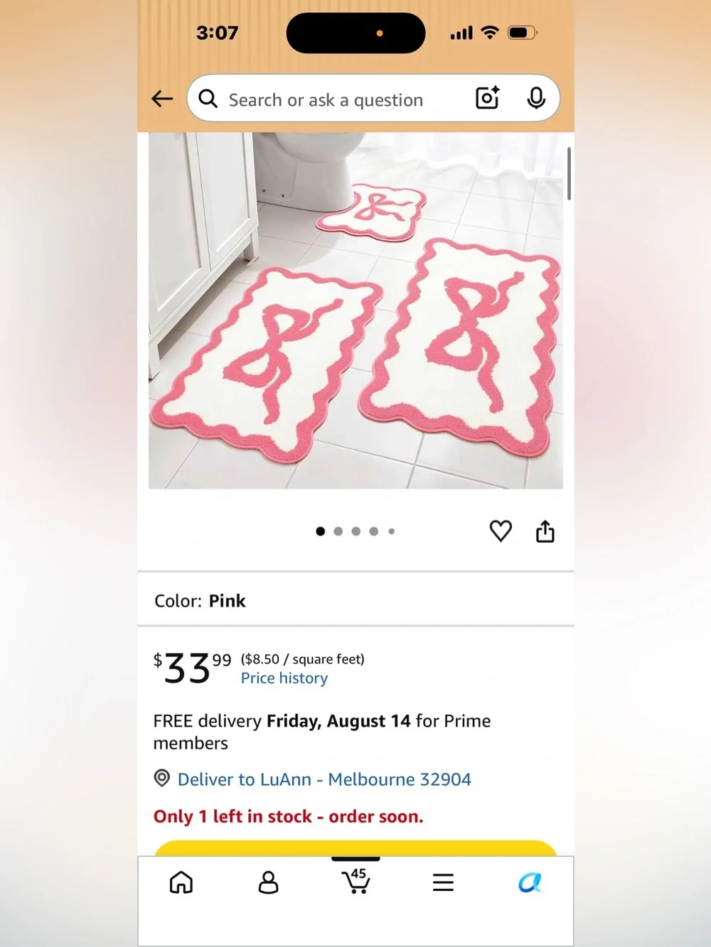 New Pink Bow Bathroom Rug Mat Set 3 Piece, Microfiber Shaggy Bath Set, Non-Slip